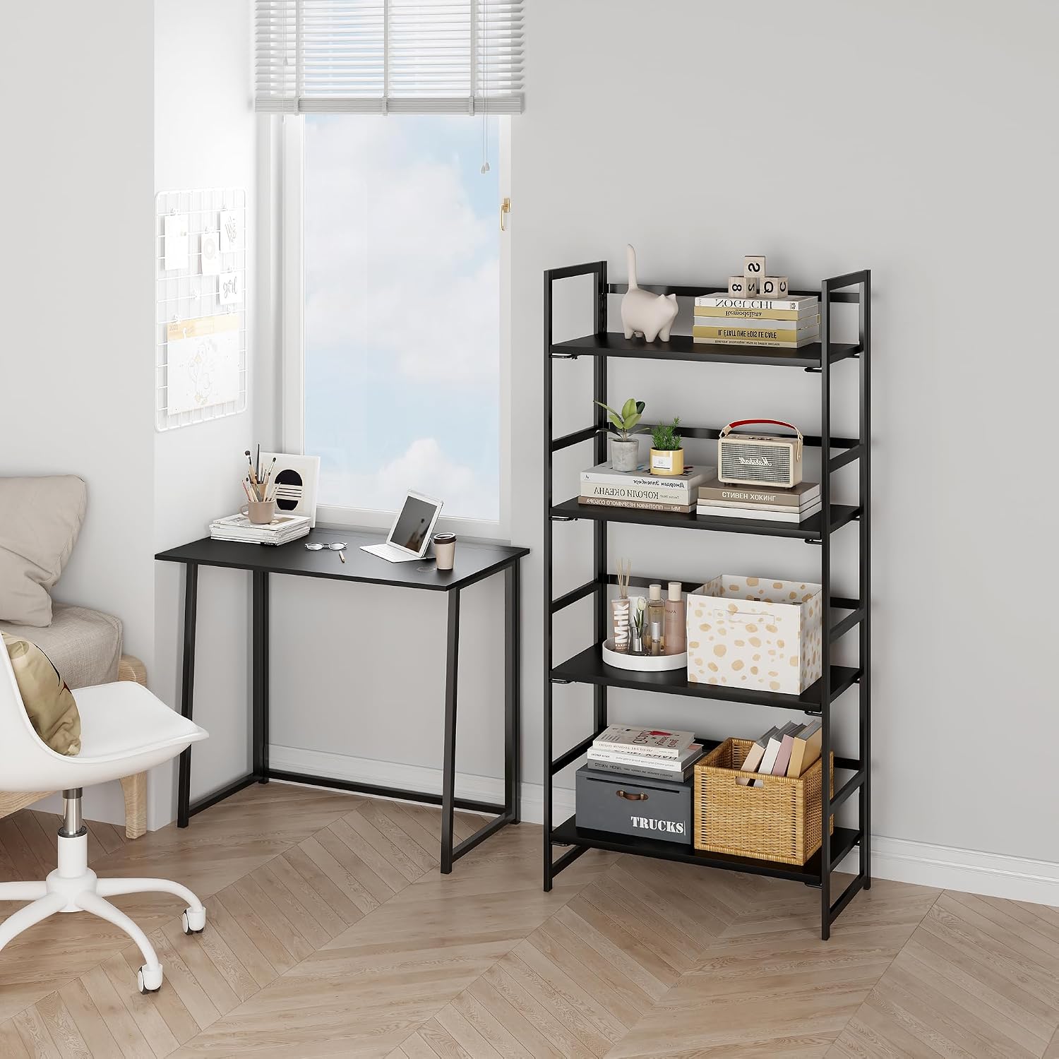 Vintage Multifunctional Folding Bookshelf, No-Assembly Plant Stand Storage Rack Shelves for Home Office (Fire, 5-Tier)