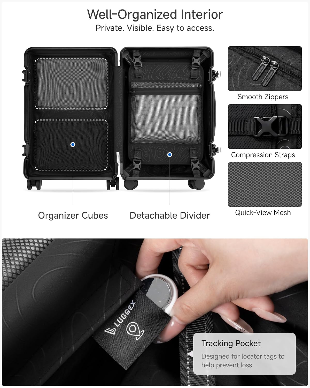 LUGGEX Front Opening Zipperless Carry On Suitcase, Black, 21" | Carry On Luggage, Front Opening, Airline Approved, TSA Lock, 8 Spinner Wheels, 36L Capacity, HUP-Pro Hard Shell, ZX-Core