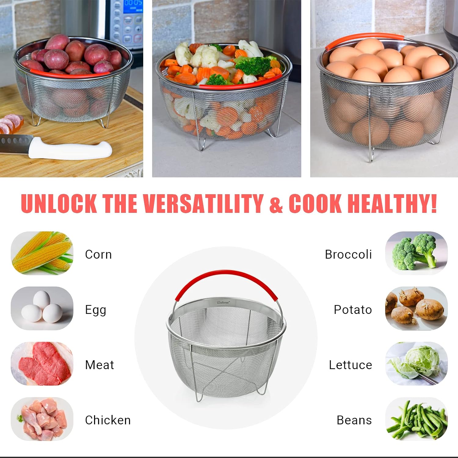 Salbree Steamer Basket for 6qt Instant Pot and Many Other Pressure Cookers | Stainless steel strainer insert with silicone handle fits the 6qt Instant Pot and most air fryers. Comes in 3 different sizes