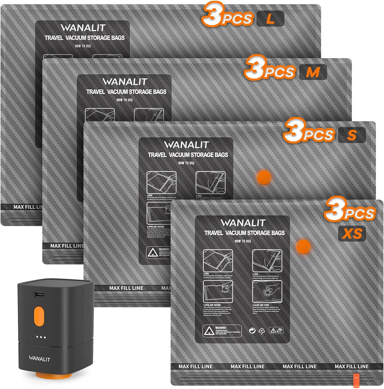 Vacuum Bags for Travel with Wireless Pump for Carry on Luggage or Suitcase | 16Pack in 4 Sizes Compression Packing Bags, 1800mAh Rechargeable Battery, Travel Essentials, Cruise and Home Storage