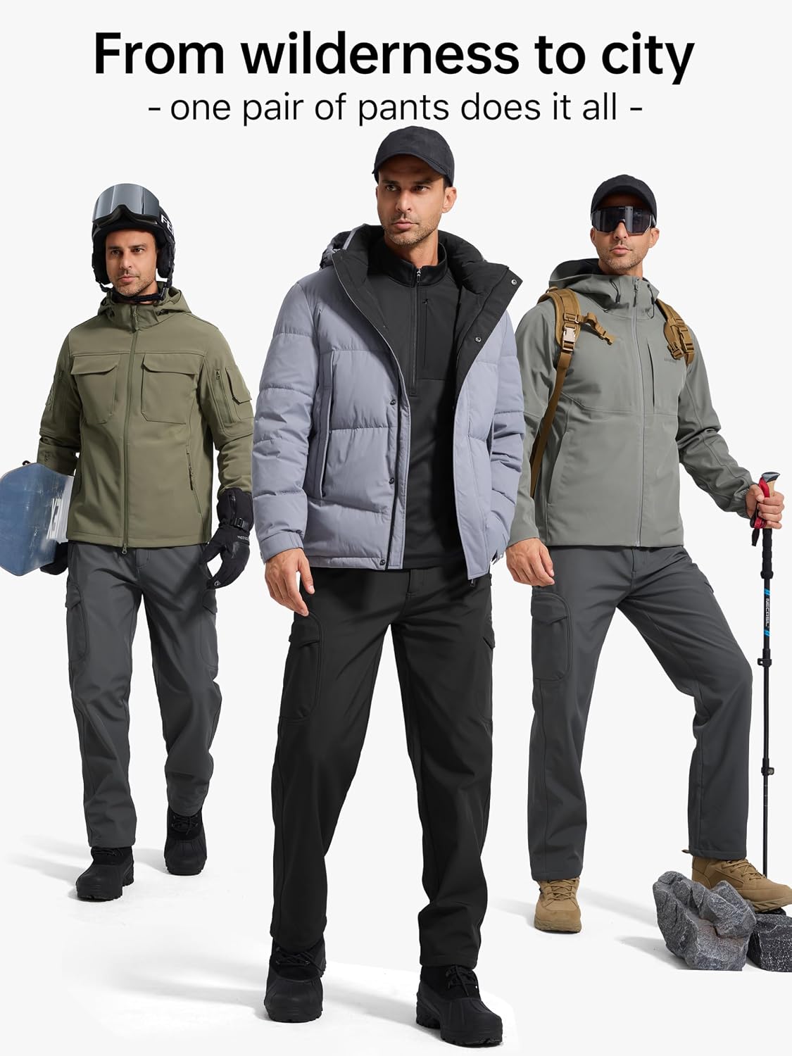 FREE SOLDIER Men's Outdoor Softshell Fleece Lined Cargo Pants | Snow Ski Hiking Pants with Belt, Waterproof Winter Pants, Insulated Work Pants, Breathable Windproof Insulated Pants