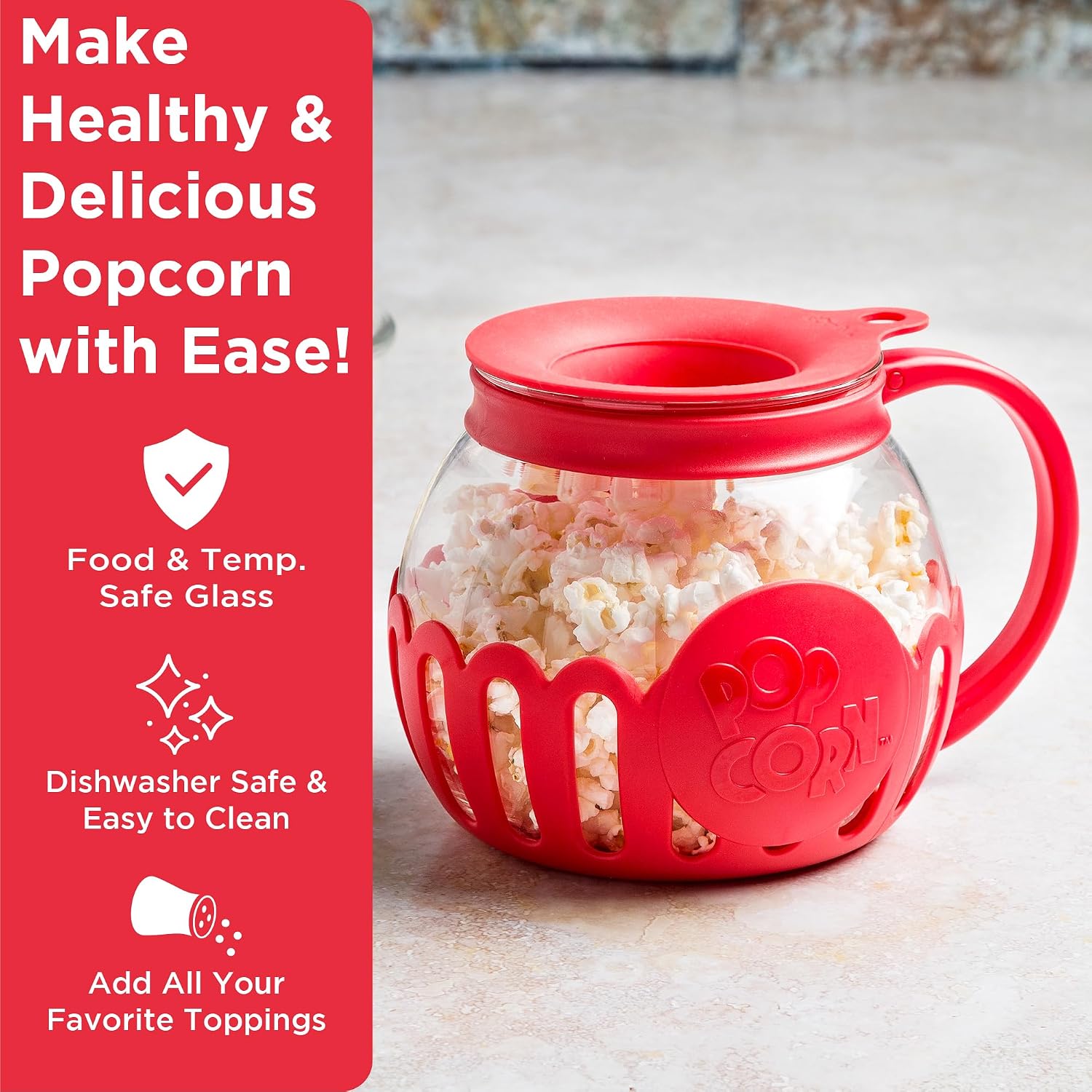 Ecolution Patented Micro-Pop Microwave Popcorn Popper with Temperature Safe Glass, 3-in-1 Lid Measures Kernels and Melts Butter, Made Without BPA, Dishwasher Safe, 3-Quart, Red