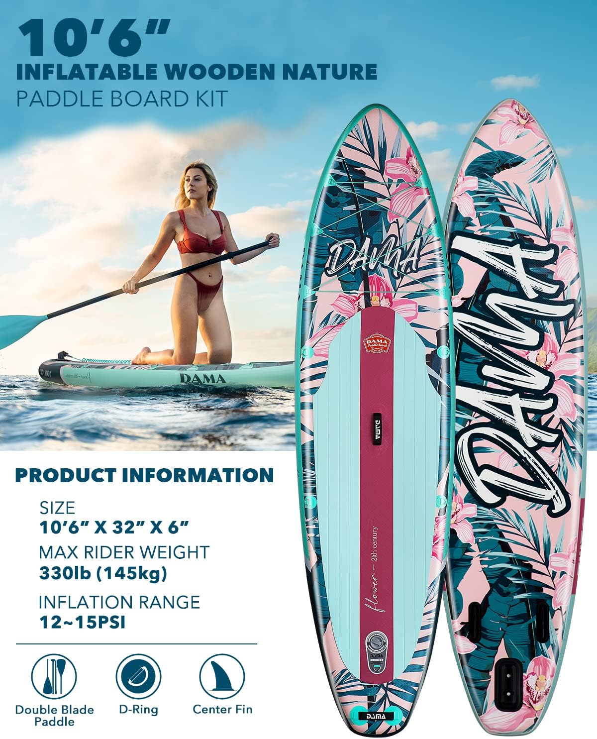 DAMA Inflatable Stand Up Paddle Boards for Adults w/Sup Board Accessories Hand Pump 4pcs Kayak Floating Paddle | Wide Stance
