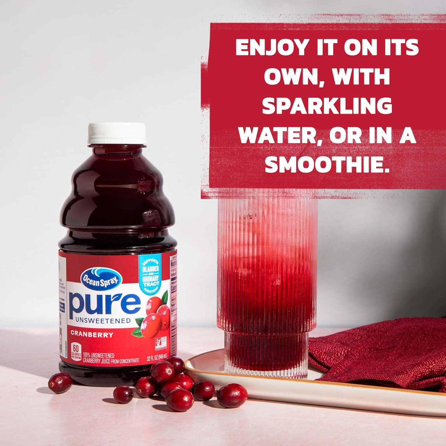 Ocean Spray® Pure Unsweetened Cranberry, 100% Cranberry Juice From Concentrate, 32 Fl Oz Bottle (Pack of 8)