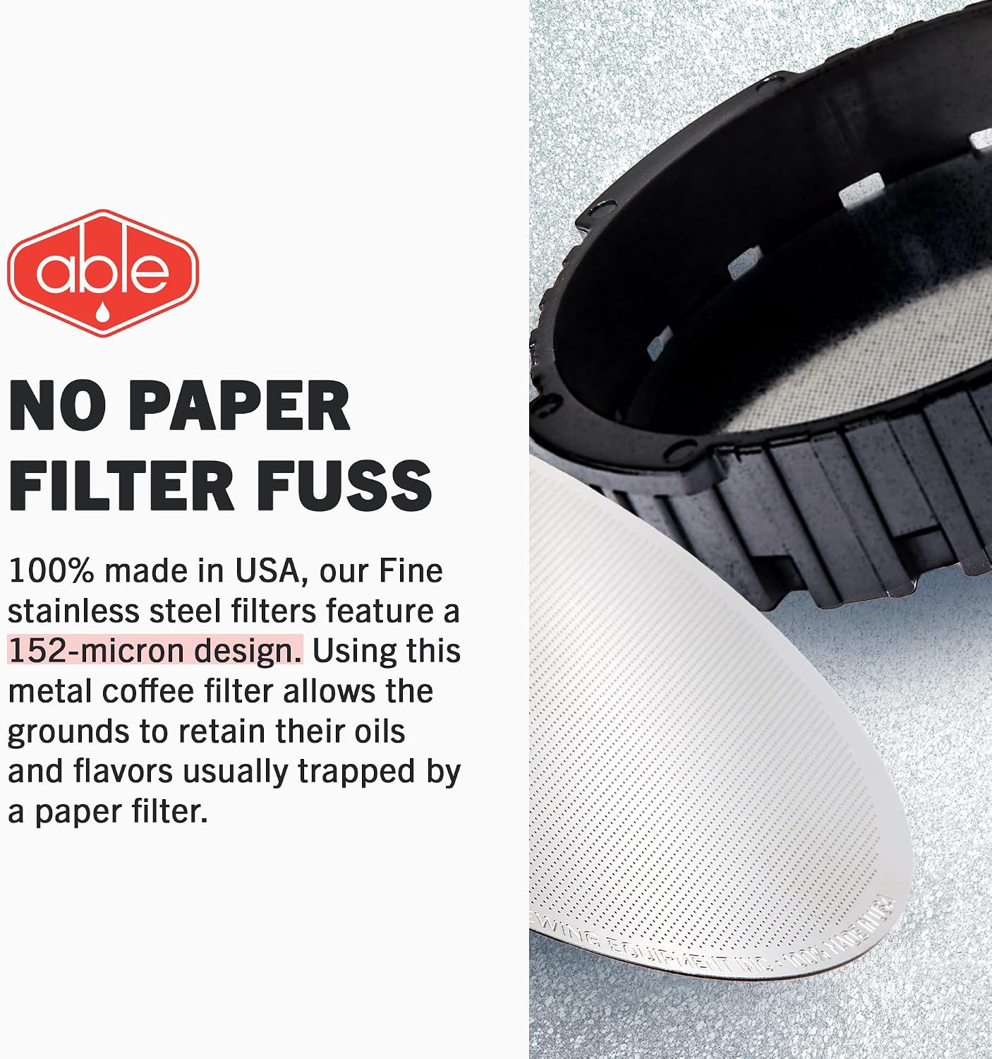 Able - DISK Stainless Steel Coffee Filter, AeroPress Coffee Maker-Compatible, AeroPress Accessories for Home & Cafes, 2.45” Reusable Coffee Filters (254-Micron Standard + 152-Micron Fine), Pack of 2