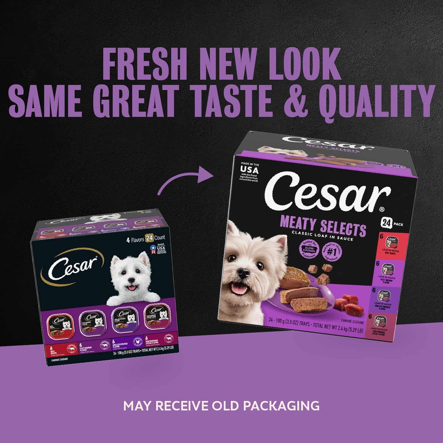 Cesar Classic Loaf Wet Dog Food, Meaty Selects, 3.5 oz, 12 Count, 2-Pack | Made in USA, Filet Mignon & Porterhouse Steak flavors, real beef #1 ingredient, no artificial flavors, easy peel trays