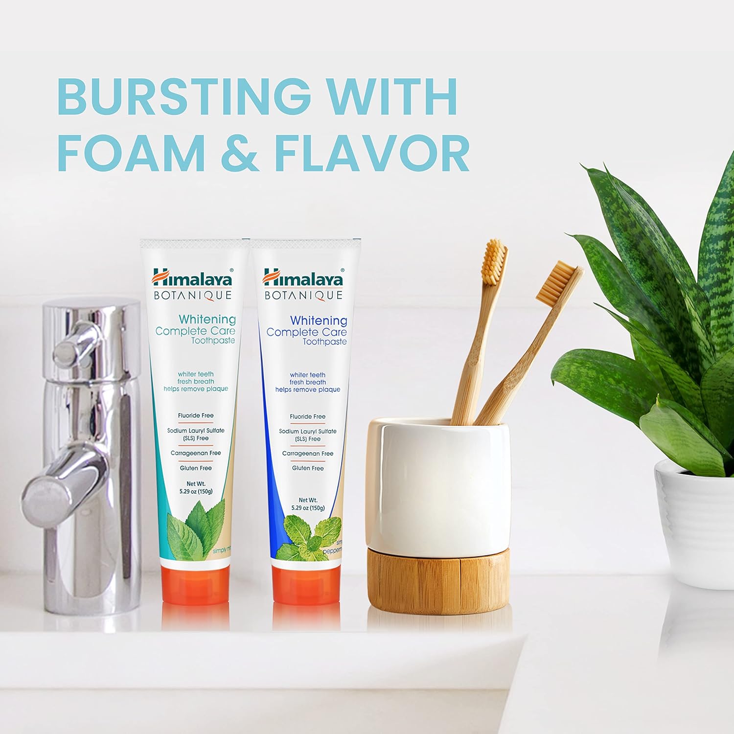Himalaya Botanique Whitening Complete Care Toothpaste, Teeth Whitening, Fights Plaque, Fluoride Free, No Artificial Flavors, SLS Free, Cruelty Free, Foaming, Simply Mint Flavor, 5.29 Oz, 4 Pack