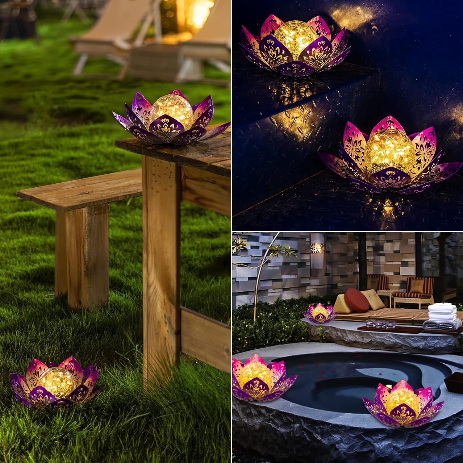 Huaxu Solar Lights Outdoor Garden, Crackle Globe Glass Lotus Decor, Waterproof LED Metal Flower Decorations for Patio,Lawn,Walkway,Tabletop,Ground