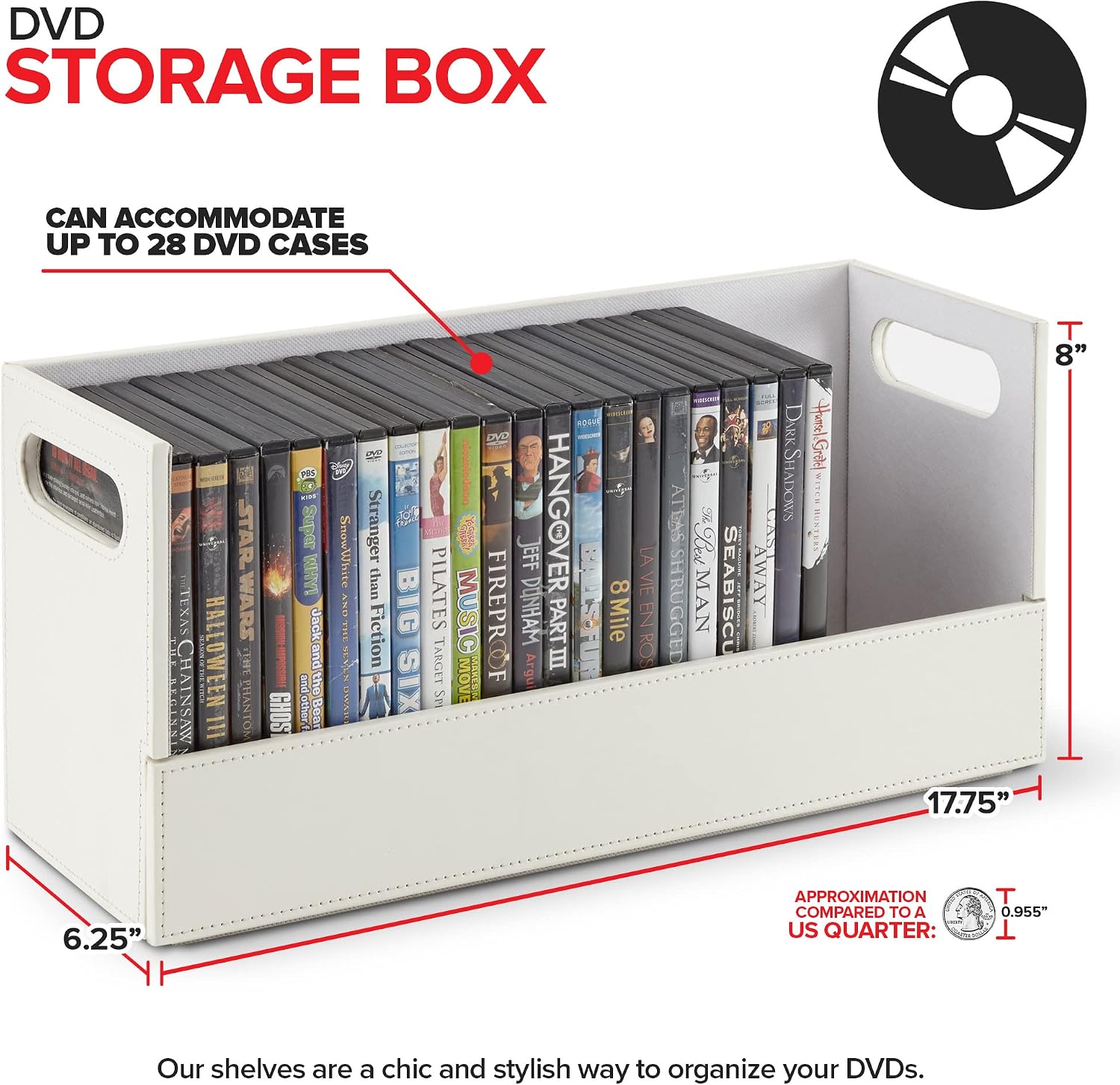Stock Your Home DVD Storage Box, Movie Shelf Organizer for Blu-Ray, Video Game Cases, CDs, VHS Tape Display Stand, Disc Holder Can Store Up to 28 DVDs, Faux Leather (Espresso)