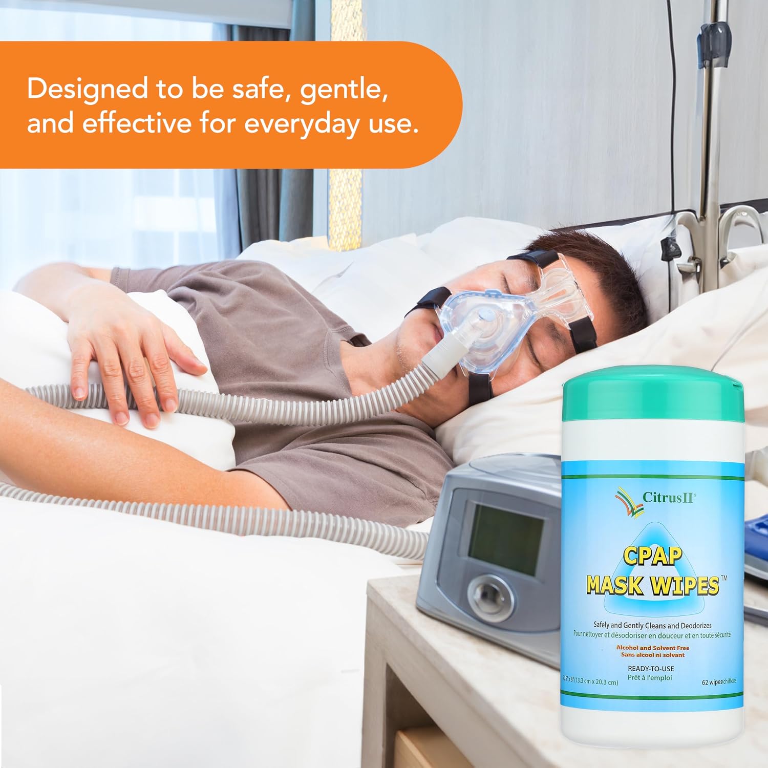 Citrus II Cleaning Wipes - Sanitizes BIPAP and CPAP Masks - Removes Dirt and Oil - Clean Citrus Scent - 62 Wipes Per Canister - Pack of 3 | Ideal