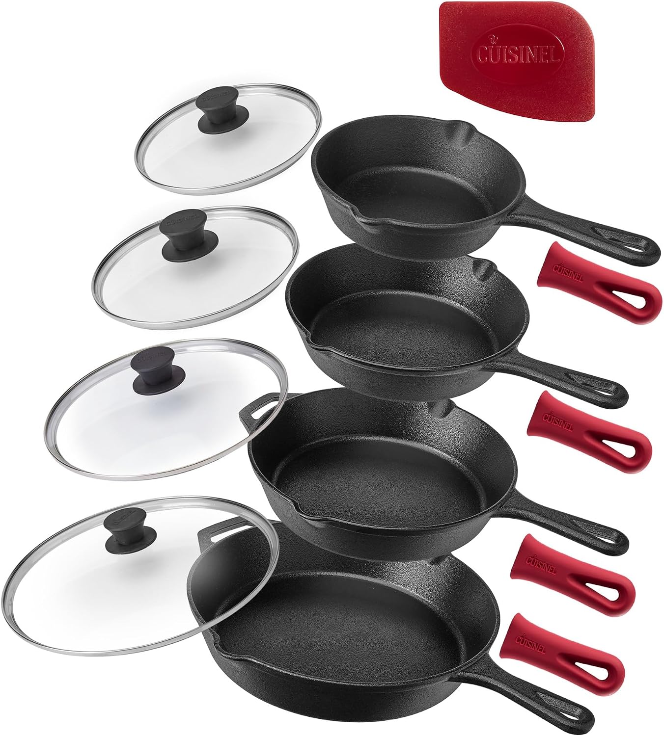 Cuisinel Cast Iron Skillet with Lid - 10"-Inch Pre-Seasoned Frying Pan + Glass Cover + Heat-Resistant Handle Holder - Indoor/Outdoor Use - Grill, Stove, Camp Firepit, Induction - Oven Safe Cookware