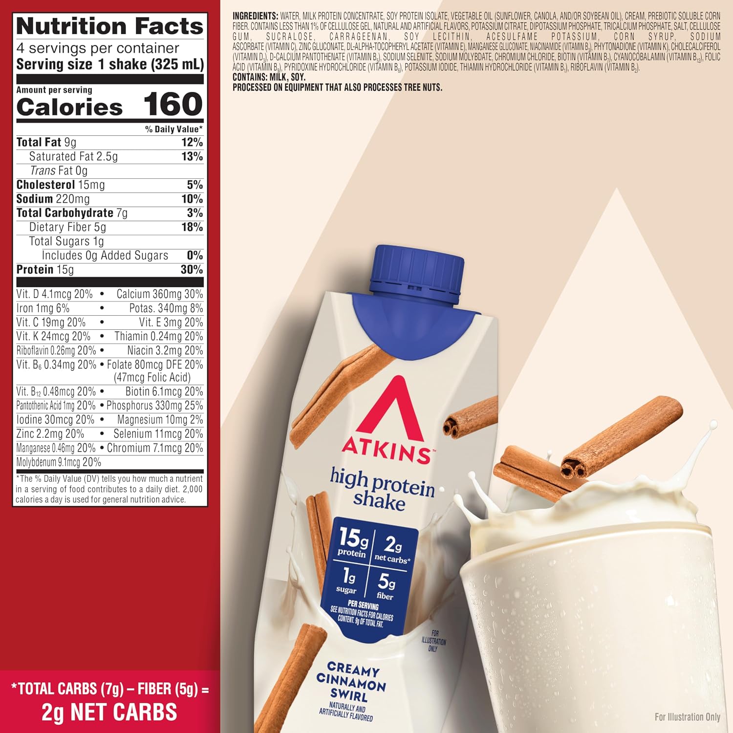 Atkins Milk Chocolate Delight High Protein Shake, 15g Protein, 12 Count | 15g Protein, 3g Fiber, 2g Net Carb, 1g Sugar, Chocolate Flavored, Keto Friendly, Ready to Drink, 12 Count