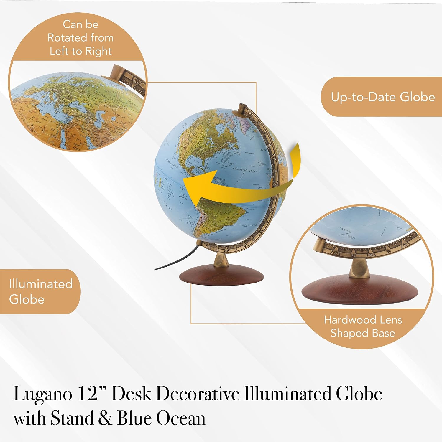 Waypoint Geographic Light Up Globe - Lugano 12” Desk Decorative Illuminated Globe with Stand and Blue Ocean, Up to Date