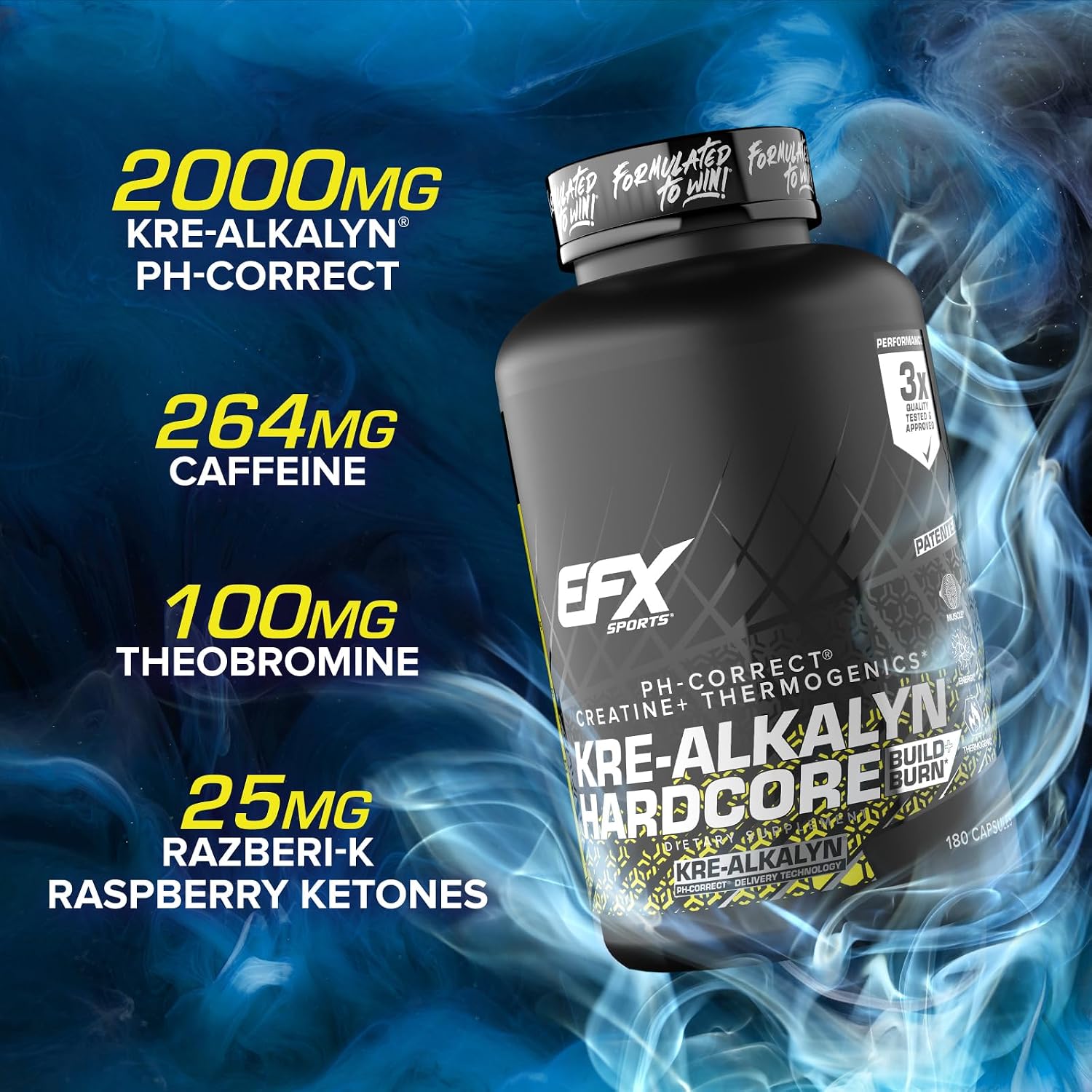 EFX Sports Kre-Alkalyn Hardcore | Thermogenic pH Correct Creatine Monohydrate Pill Supplement | Energy & Strength Pre Workout | 40 Servings, 120 Capsules