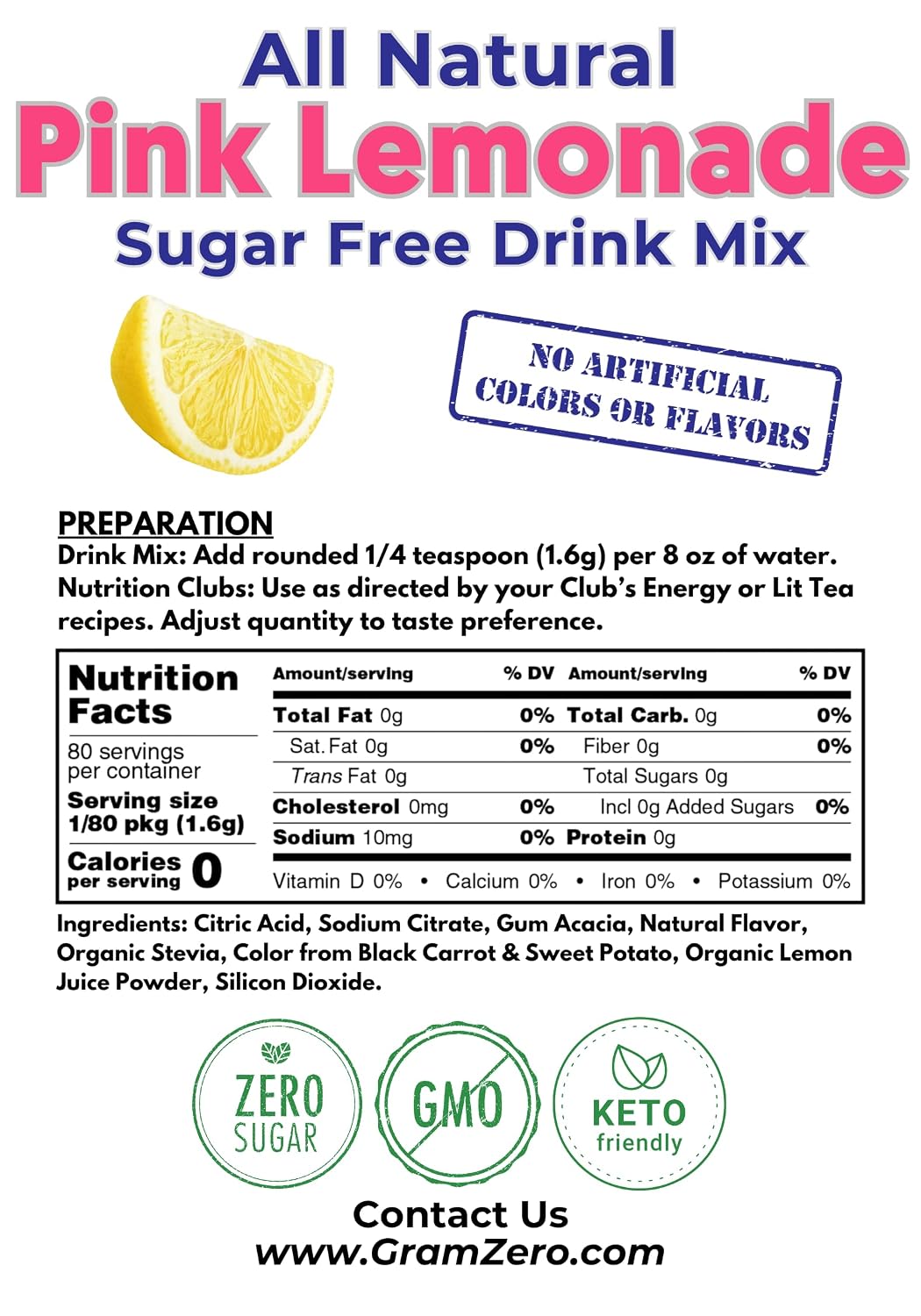 GramZero Raspberry Blush, Sugar Free Drink Mix, Pitcher Pack, Great For Nutrition Club Loaded Tea, Zero Calorie, Stevia Sweetened