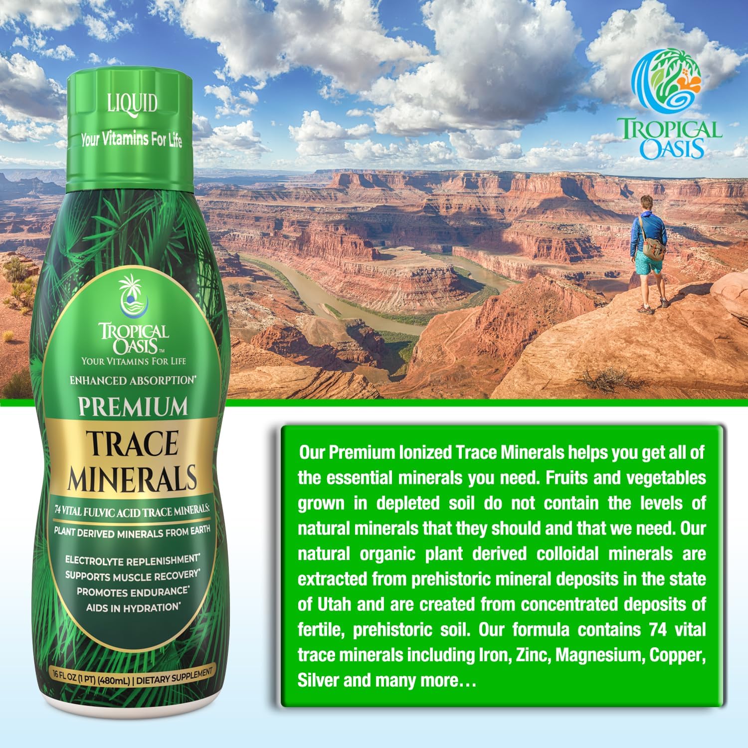 Tropical Oasis - Premium Ionized Plant Based Trace Minerals Liquid Formula- 74 essential minerals in liquid form for up to 96% Absorption - 16 oz, 32 servings