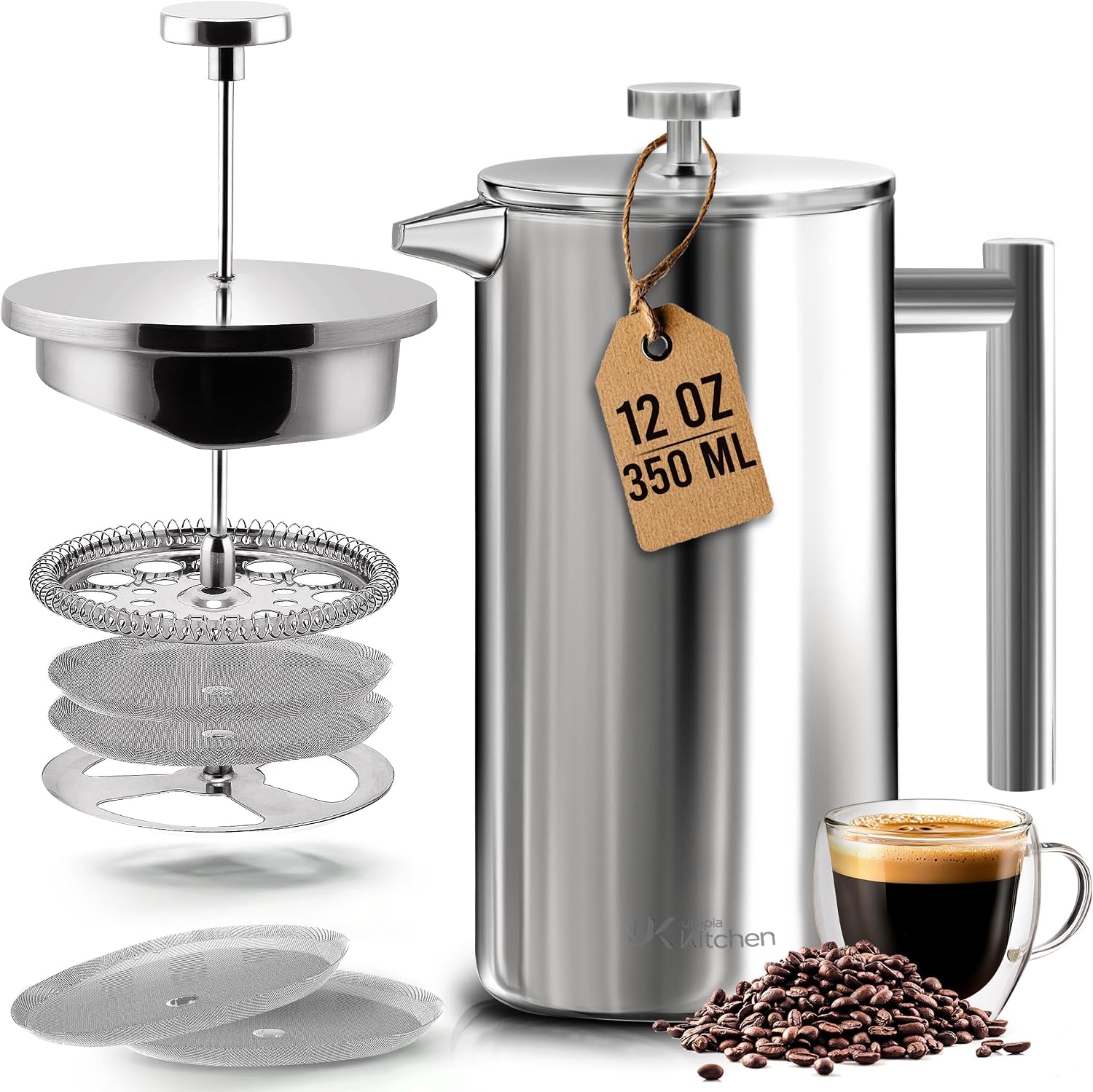 Utopia Kitchen 304 Grade Stainless Steel French Press 34 Oz, Silver | Double Wall Insulated Coffee Press with 4-Level Filtration System, Include 2 Extra Filters, Rust-Free, Dishwasher Safe