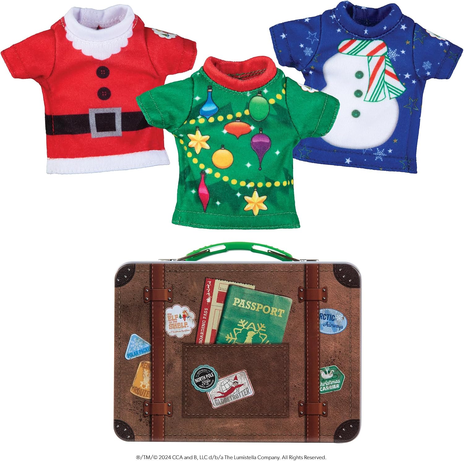 The Elf on the Shelf Claus Couture Suitcase Duo: Sweet Treats Pack and Christmas T-Shirt Party Pack