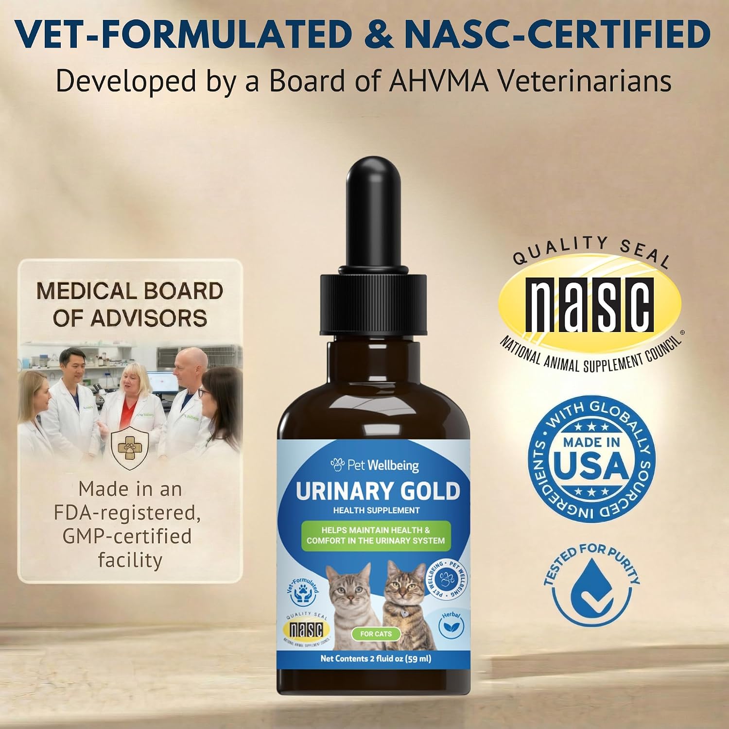 Pet Wellbeing Urinary Gold for Cats - Urinary Tract & Bladder, 2 oz | NASC Certified & Vet-Formulated Liquid Supplement with Marshmallow Root & Echinacea for Urinary System & Bladder Support