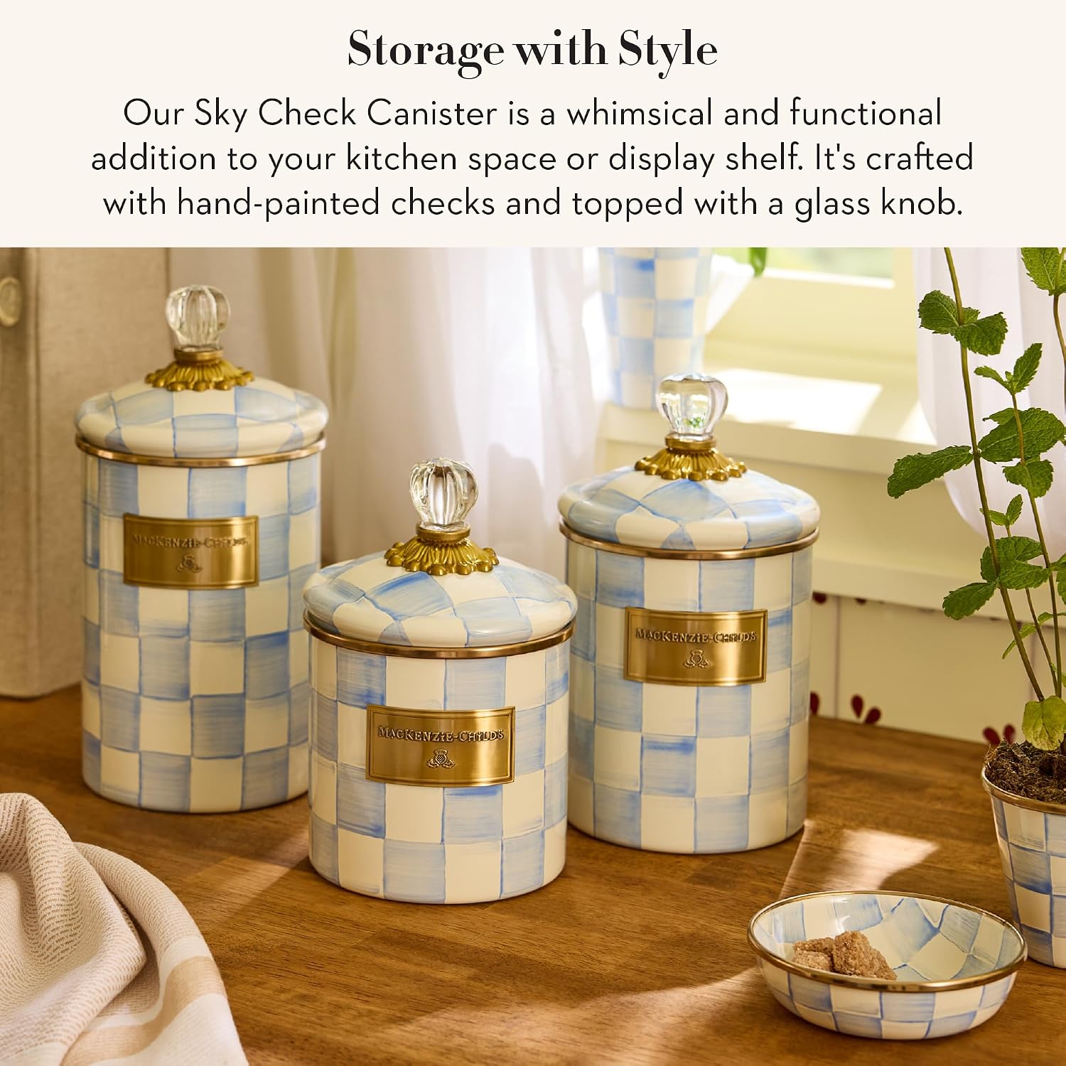 MACKENZIE-CHILDS Enamel Canister, Small, Black-and-White Courtly Check
