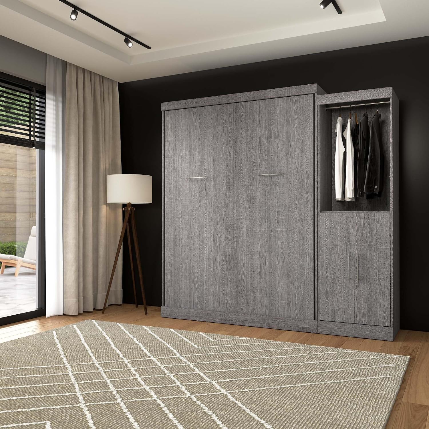 Bestar Nebula Queen Murphy Bed with Closet Organizer with Doors (90W) in Bark Gray, Sleeping Arrangement and Wardrobe for Multipurpose Room