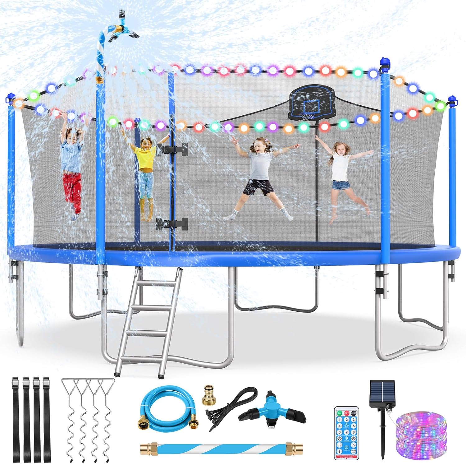 10 12 14 16FT Trampoline Outdoor, Light/Sprinkler/Basketball Hoop | Large Recreational Trampoline for Kids and Adults, Heavy Duty Yard Trampolines with Enclosure Net, ASTM Approval