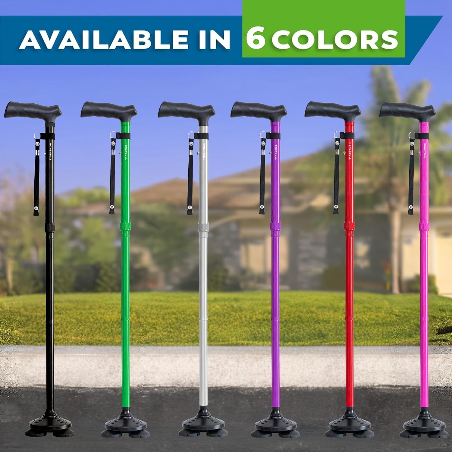 HONEYBULL Walking Cane for Men & Women, Foldable Free Standing Cane | Adjustable height, collapsible design, heavy-duty, pivot base for stable support, ergonomic handle