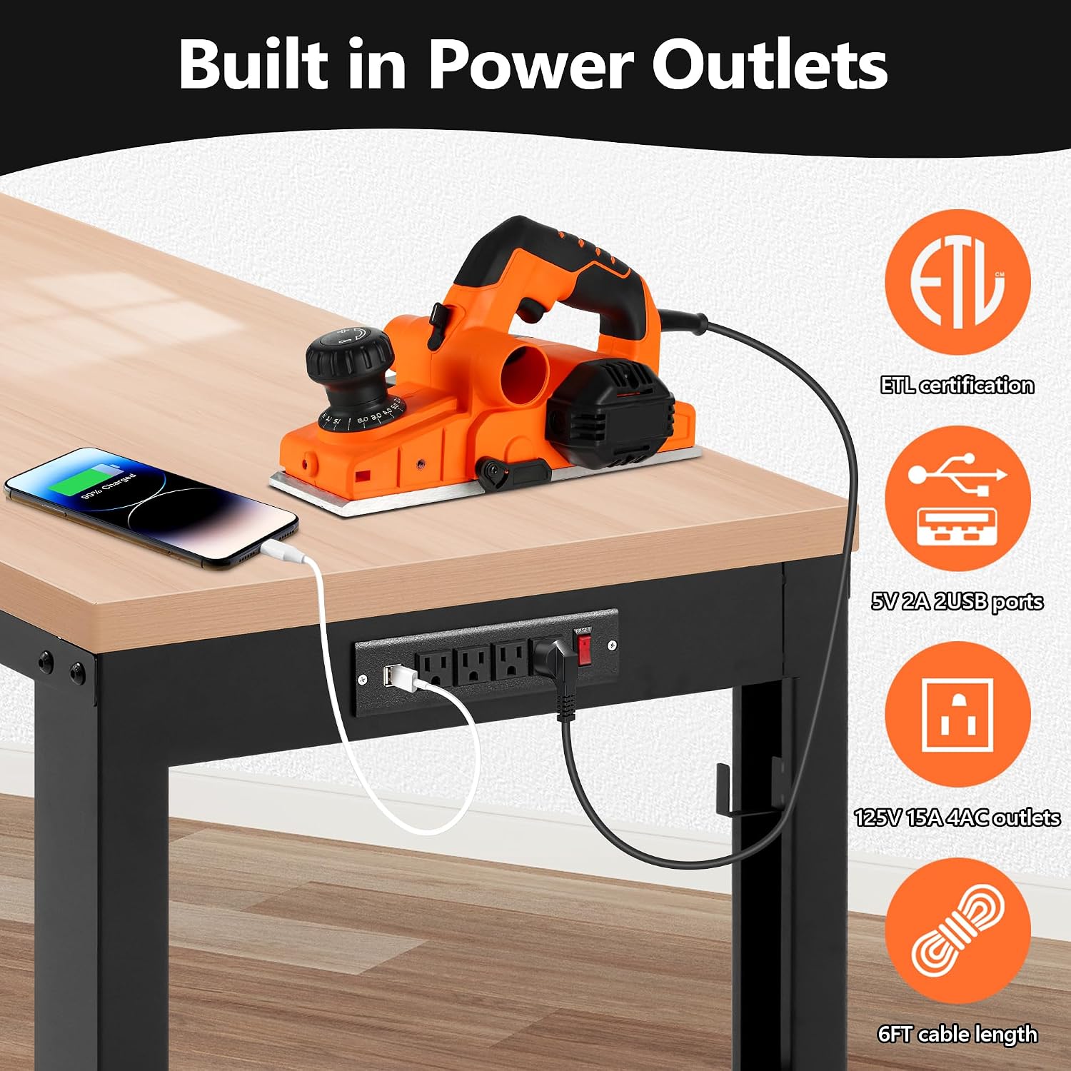 Antifir 60" Adjustable Workbench, Heavy Duty Wood Workstation | Garage Workbench, 2000 LBS Load Capacity, Work Table with Power Outlet and Foot Pads for Commercial, Workshop, Office, Home