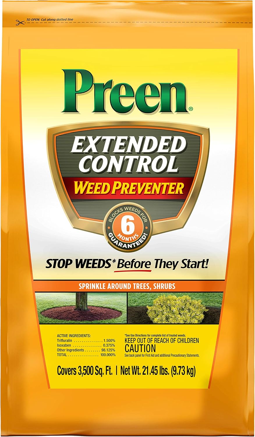 Preen Extended Control Weed Preventer - 4.93 lb. Bottle - Covers 805 sq. ft. | PreEmergent Herbicide for Garden Weed Control –Prevents Weeds up to 6 Months – For Perennials and Shrubs
