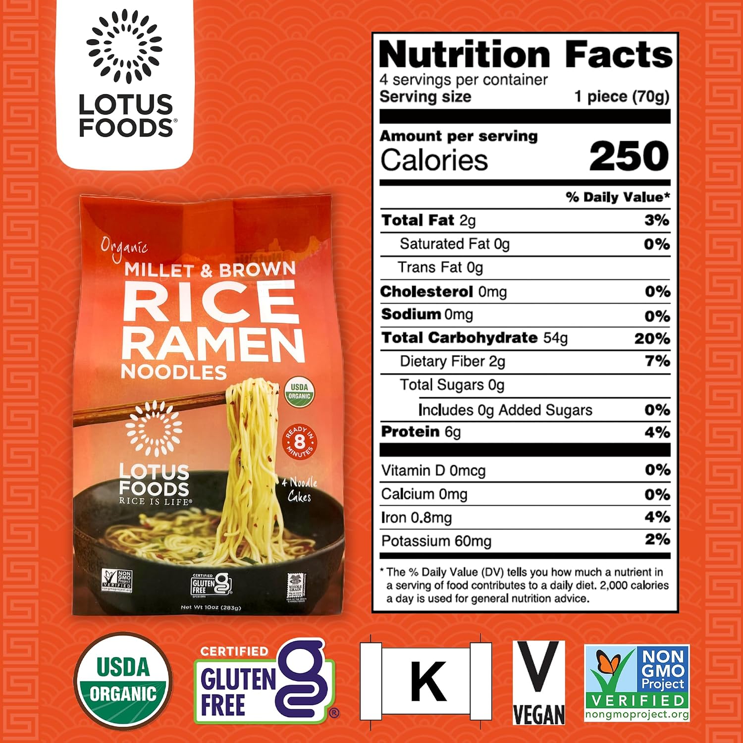 Lotus Foods Organic Millet and Brown Rice Ramen - 10 Oz Bag (Pack of 1) | Noodles, Gluten Free Instant Ramen Noodles, Vegan, Low Sodium, Made with Brown Rice Flour and Millet Flour