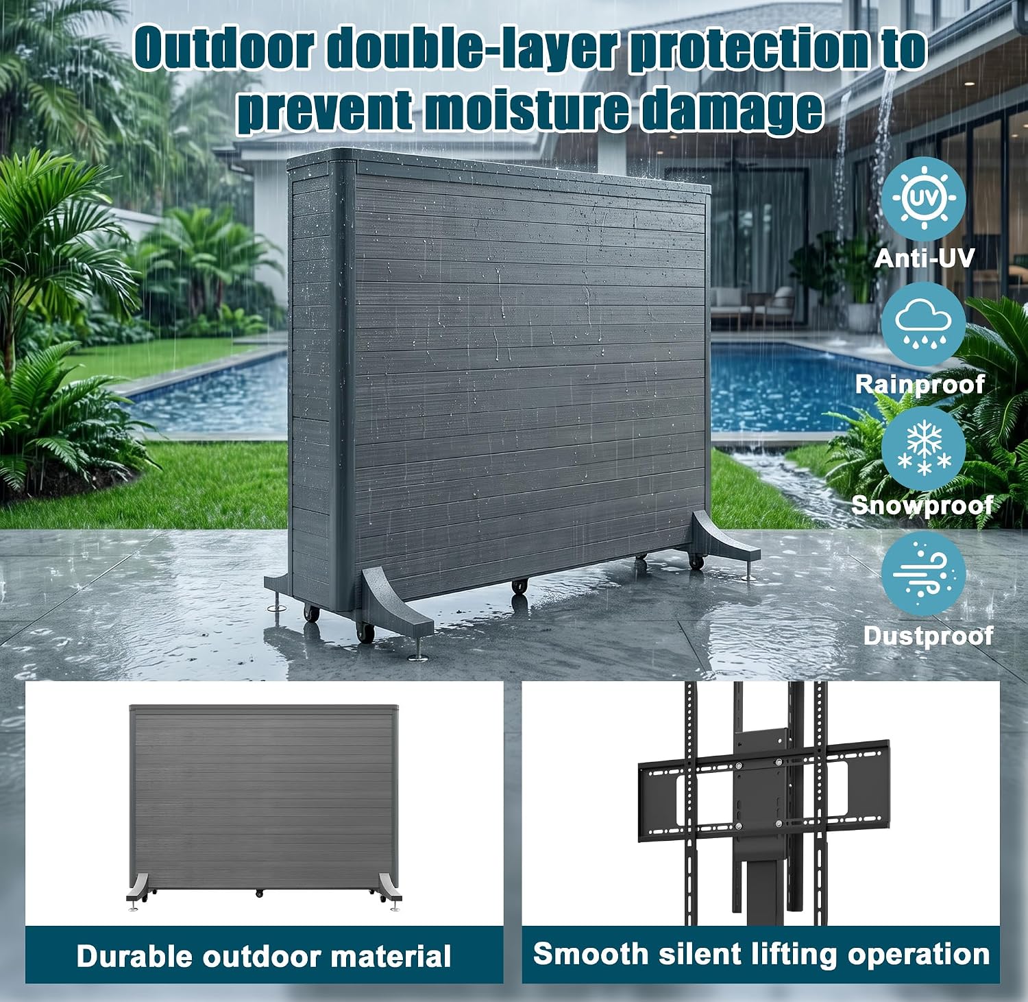High-Grade Wood-Plastic Composite Outdoor TV Lift Cabinet, Mobile TV Stand on Wheels, Weatherproof Motorized TV Lift Stand