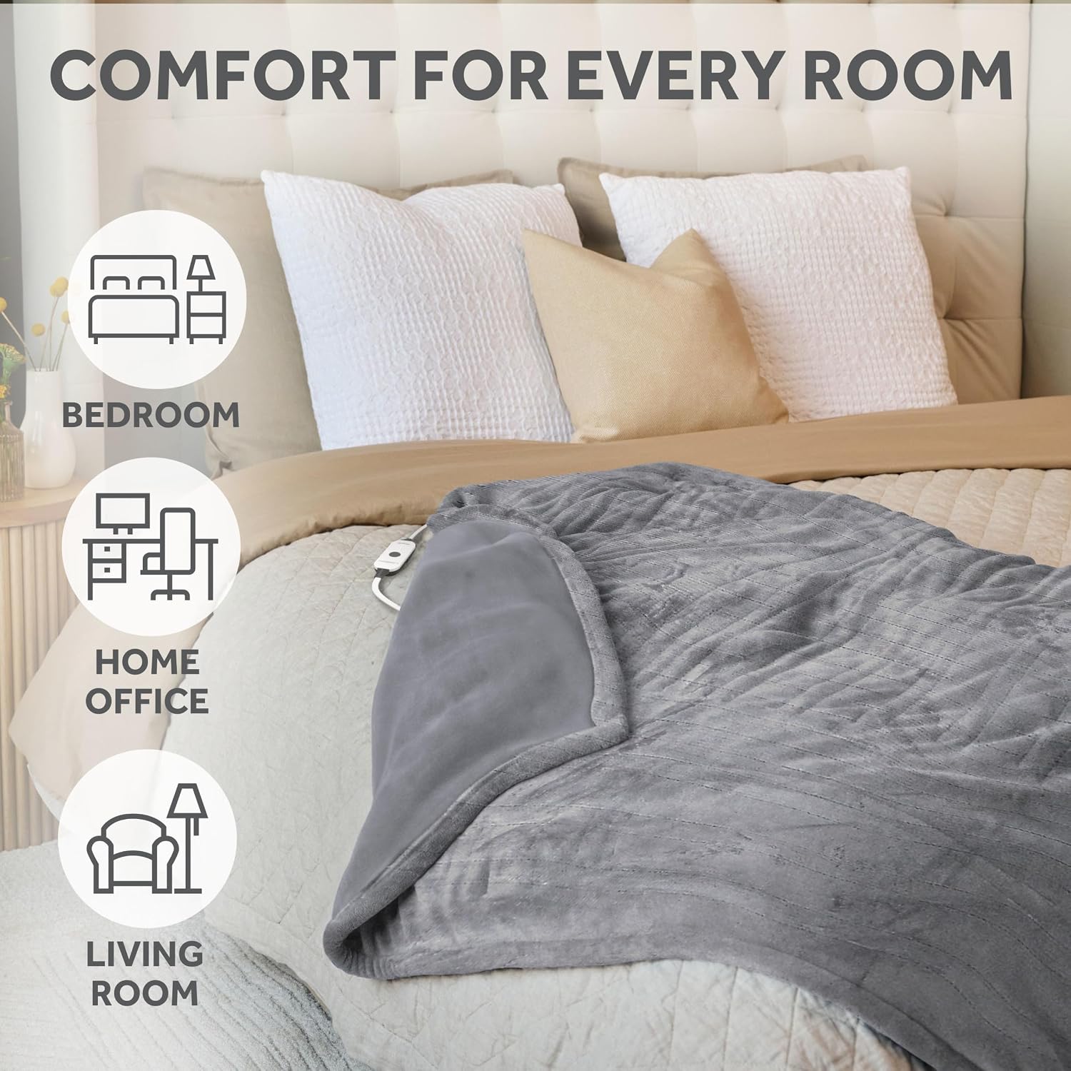 Sunbeam Electric Royal Posh Velvet Heated Blanket, 12 Heat Settings, 12-Hour Selectable Auto Shut-Off, Fast Heating, Warm and Lush, Champagne Color, King, 90" x 100"