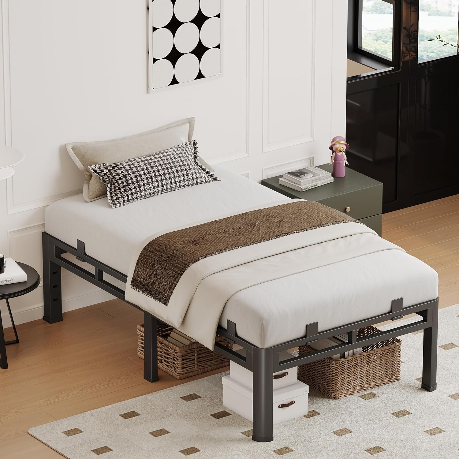 Full Size Bed Frame Metal,14 Inch Heavy Duty Double Layer Platform Black | Easy Assembly,Noise Free,4000lbs Capacity,6 Mattress Stoppers,Round Corner Legs,Headboard Holes,Anti-Slip Rubber Foot Pads