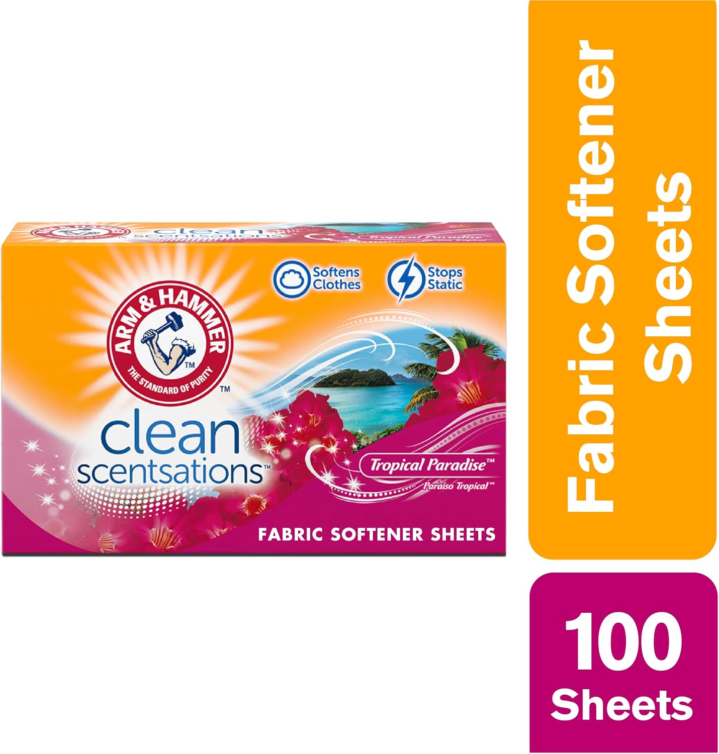 ARM & HAMMER Fabric Softener Dryer Sheets, Tropical Paradise, 100 Count | Softens Clothes, Reduces Static Cling, Long-Lasting Freshness