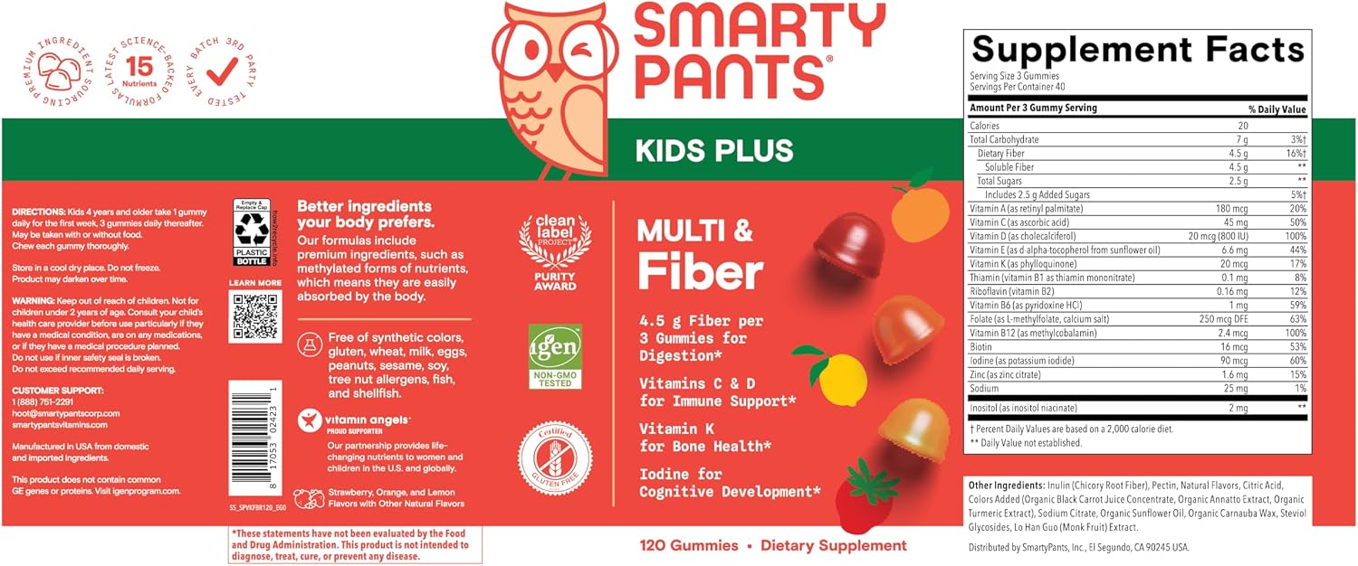 SmartyPants Kids Multivitamin Gummies and Fiber Supplement: Vitamin D3, C, Vitamin B12, B6, A, Zinc, Biotin, Inositol, Fiber Gummies, Three Fruit Flavors, 120 Count (30 Day Supply)