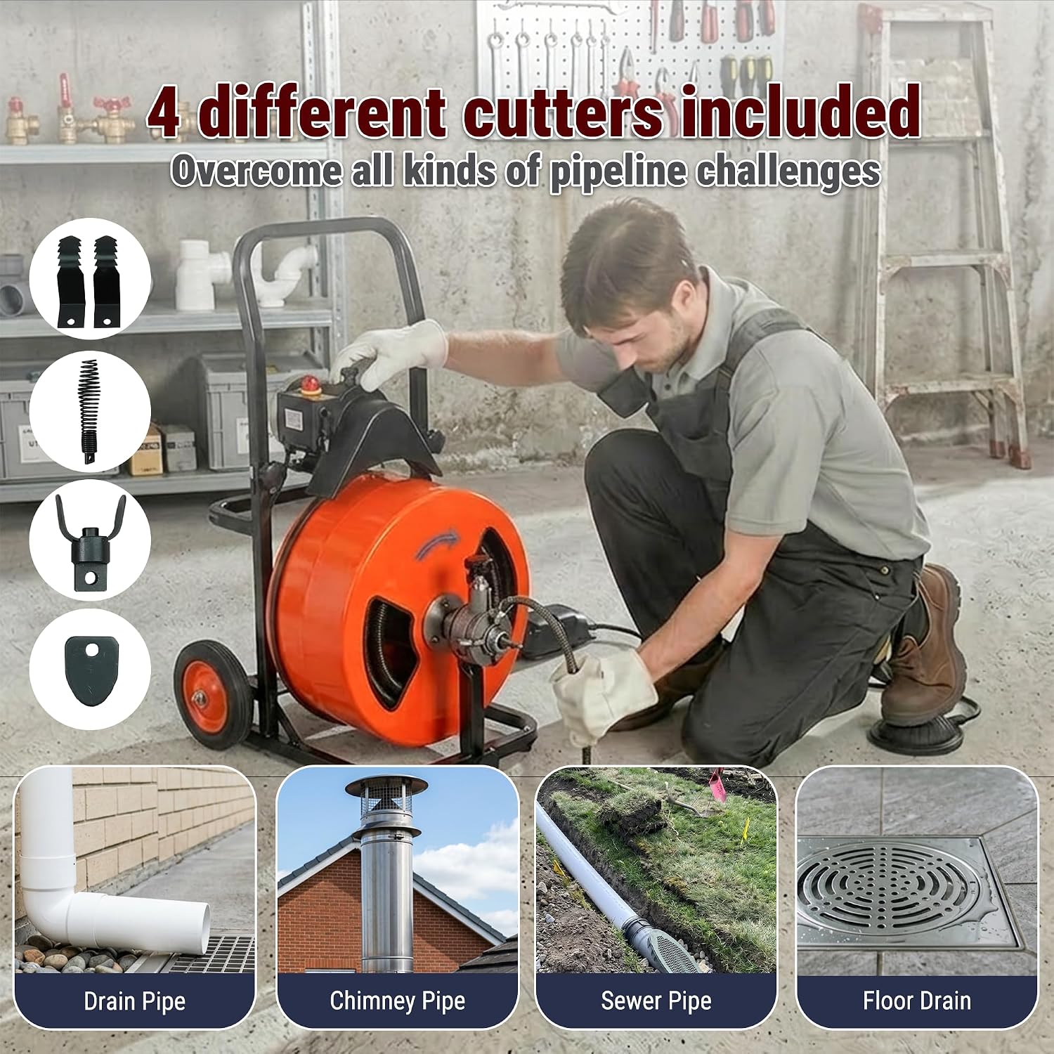 HoldwellS 50FT x 5/16 Inch Drain Cleaner Machine, Electric Drain Auger for 3/4"-3" Pipes, Sewer Snake Auger with 4 Cutters & Pneumatic Foot Switch