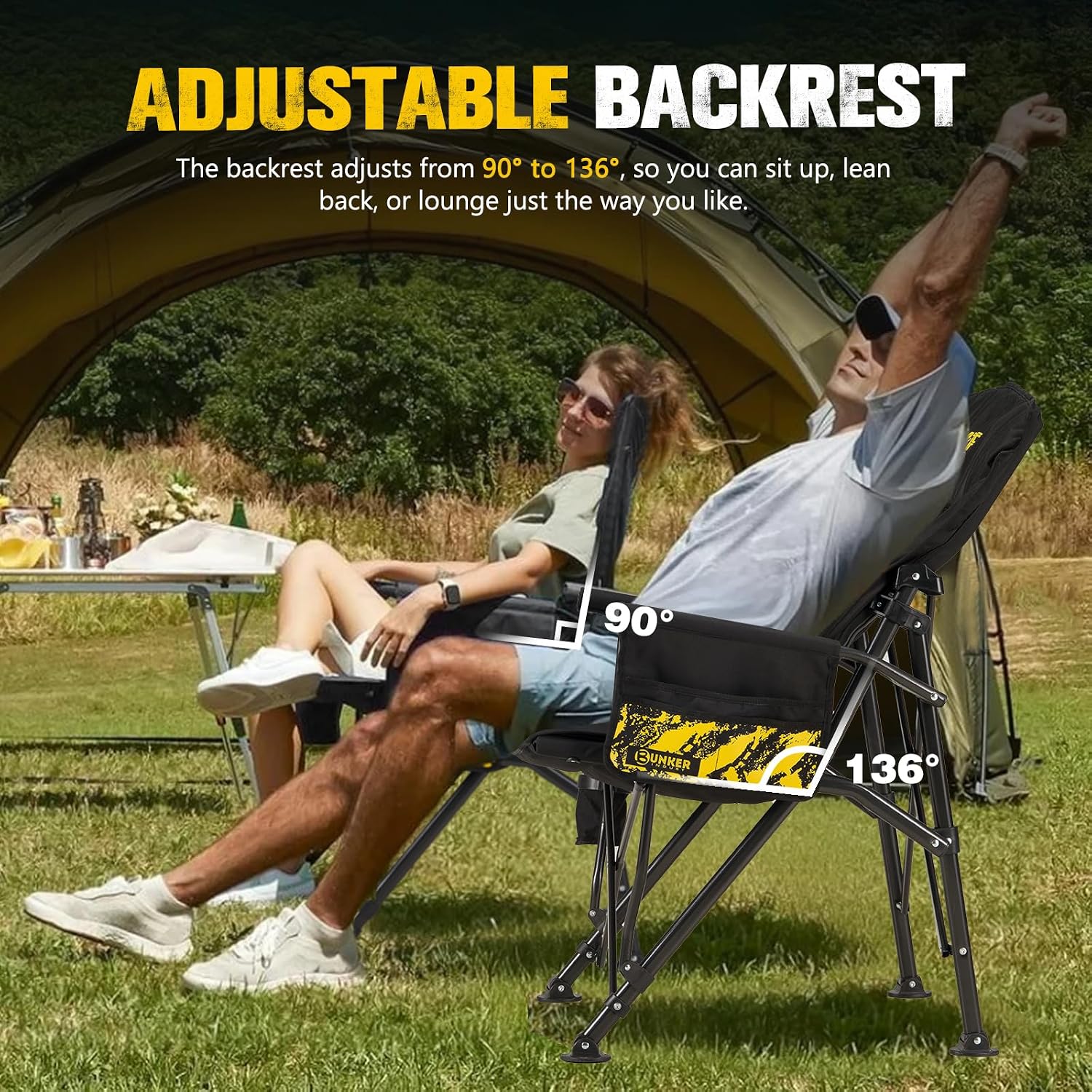 BUNKER INDUST Folding Camping Chair, Oversized with Padded Cushion, Outdoor Chair with Cup Holder Storage Pockets
