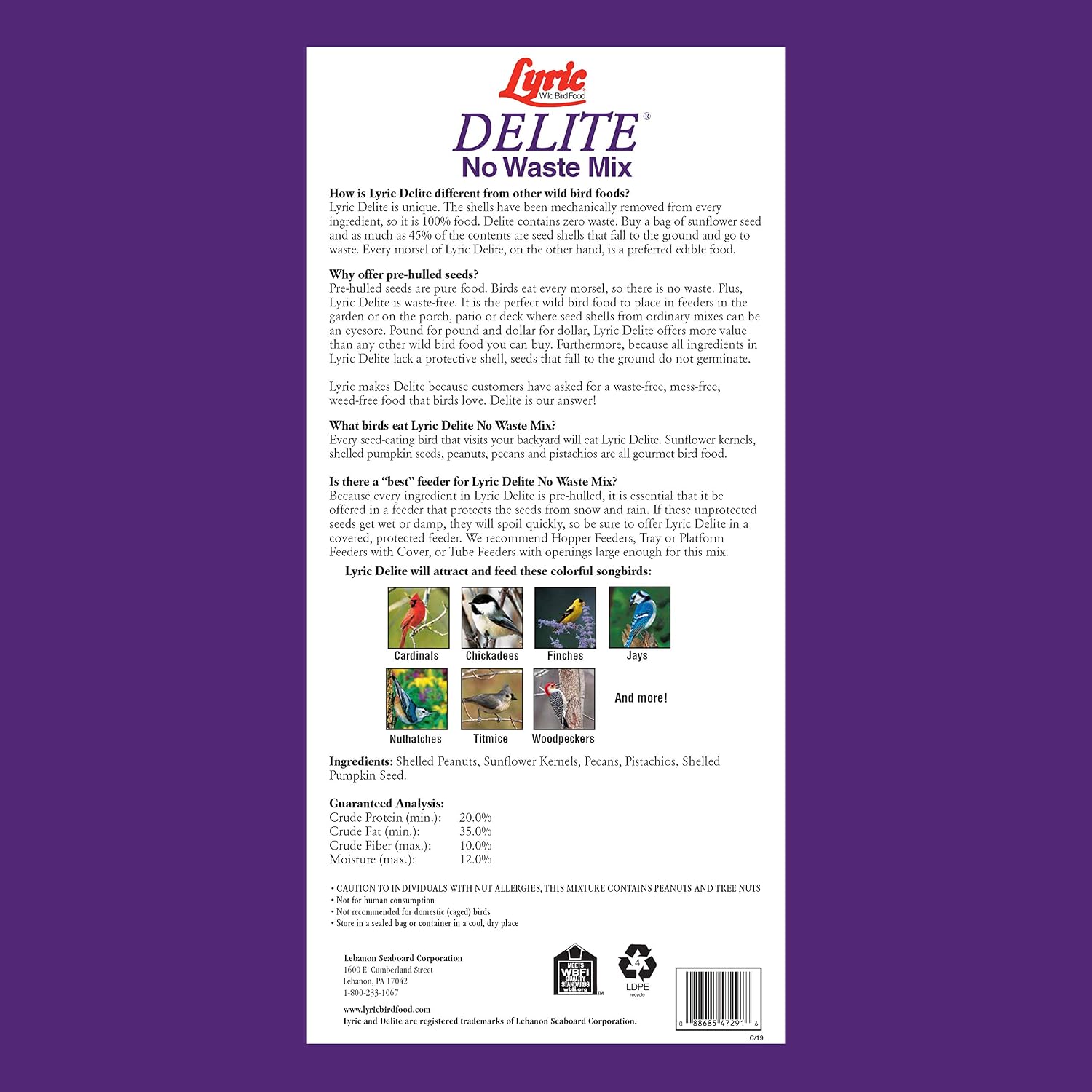 Lyric Fine Tunes and Delite No Waste Wild Bird Seed Mixes - Attracts Bluebirds, Finches and More - 35 lb