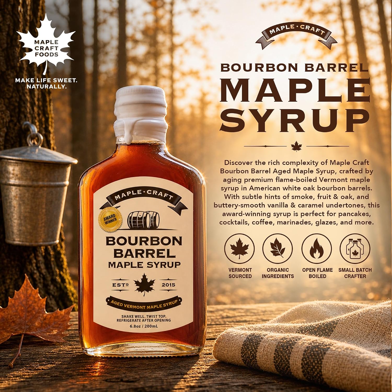 Maple Craft Foods Salted Caramel Maple Syrup – Organic Vermont Maple Syrup with Natural Caramel Flavor & Salt, Gourmet Flavored Syrup for Pancakes, Coffee, Baking and Desserts, 6.8 oz