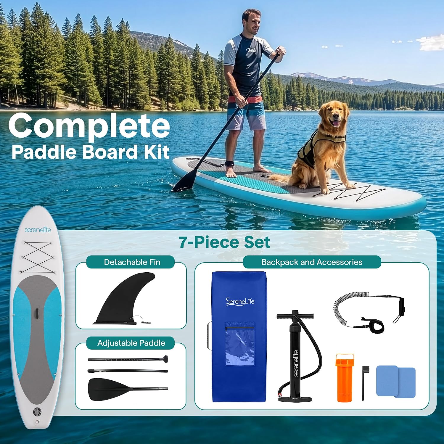 SereneLife 10’ Inflatable Stand Up Paddle Board with Premium SUP Accessories - Wide Stable Design with Non-Slip EVA Deck Pad, for Youth and Adults, 350 lbs. Capacity