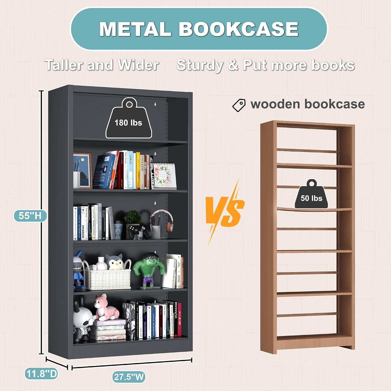 Bookcase,5 Tier White Bookshelves,66" Tall Free Standing Metal Bookcase with Adjustable Storage Shelves, Industrial Wide Bookshelf for Bedroom Living Room Home Office School