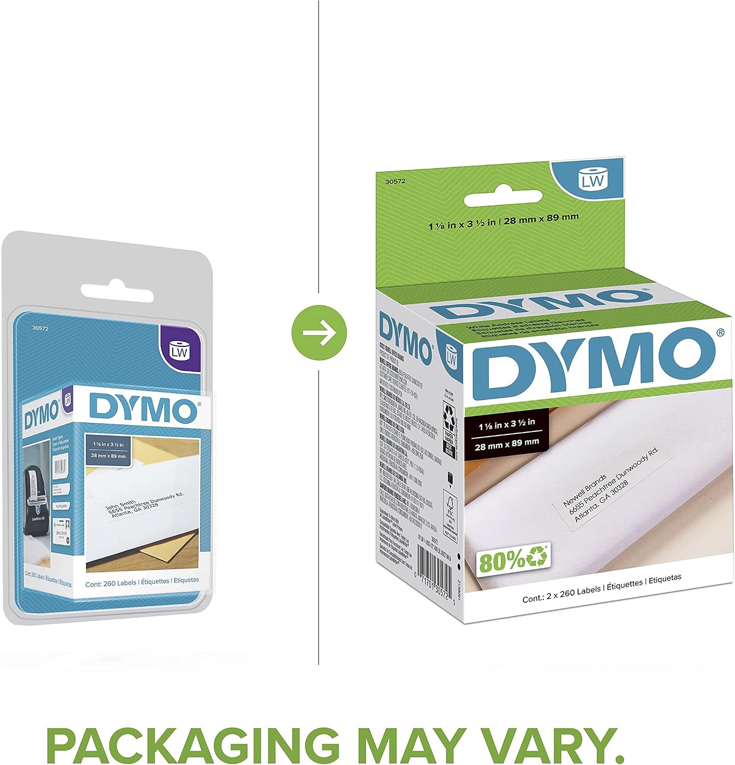 DYMO Authentic LW Mailing Address Labels for LabelWriter Label Printers, White, 1-1/8'' x 3-1/2'', 2 Rolls of 260 (30572)