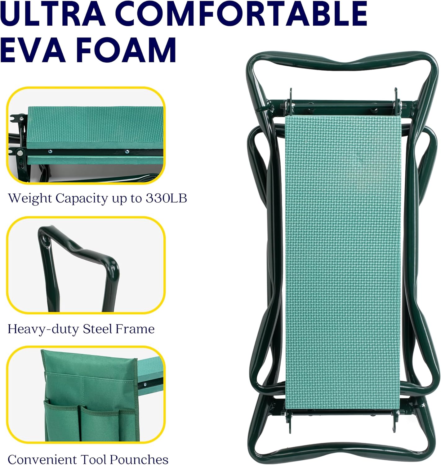 iPower Garden Kneeler and Seat Foldable Kneeling Bench with Sturdy Soft EVA Foam Pad for Outdoor, Fishing, Camping, 2 Tool Pouches Included, Green