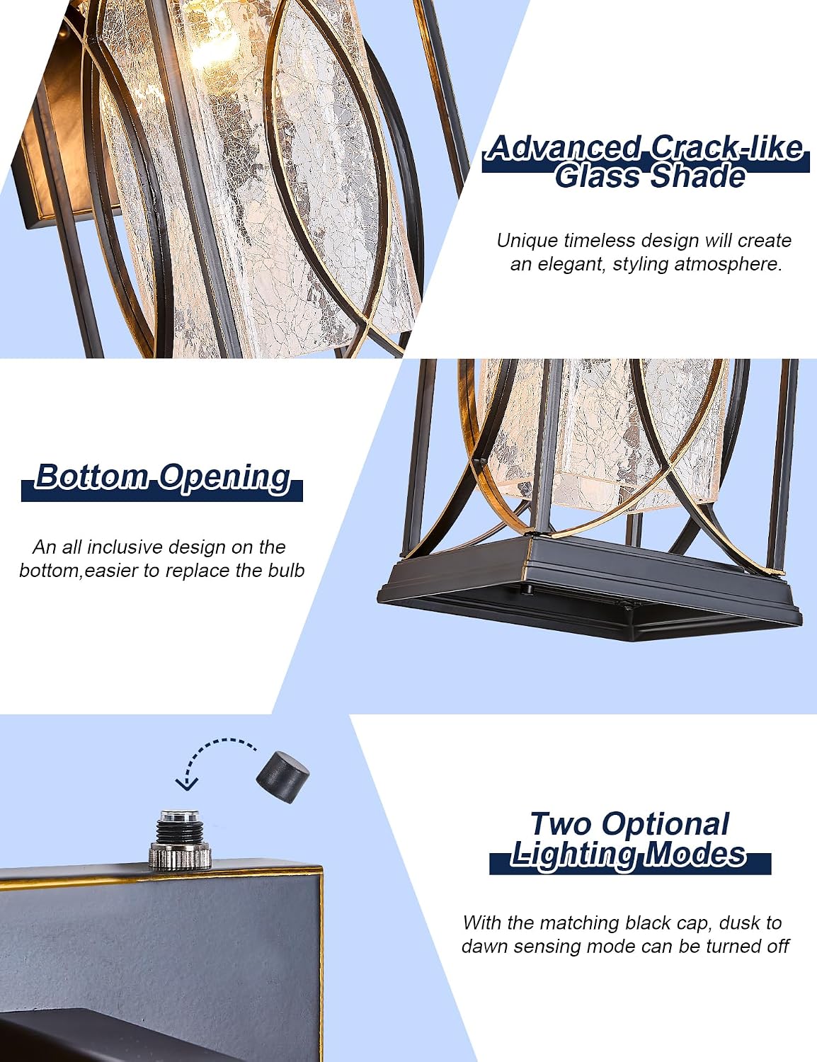 Dusk to Dawn Modern Outdoor Coach Lantern Exterior Light Fixtures Black Aluminum with Crack-Like Glass Waterproof Wall Sconce Mission Outside Light