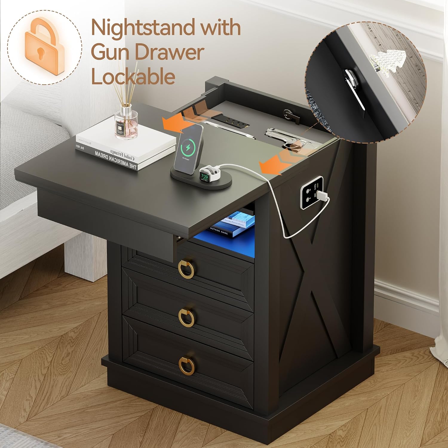 Lvifur LED Nightstand with Lockable Gun Drawer and Human Sensor, Black | USB & Type-C Charging Station, 3 Dimmable Lights, Adjustable Brightness, 3 Drawers, Farmhouse Style, Human Body Induction