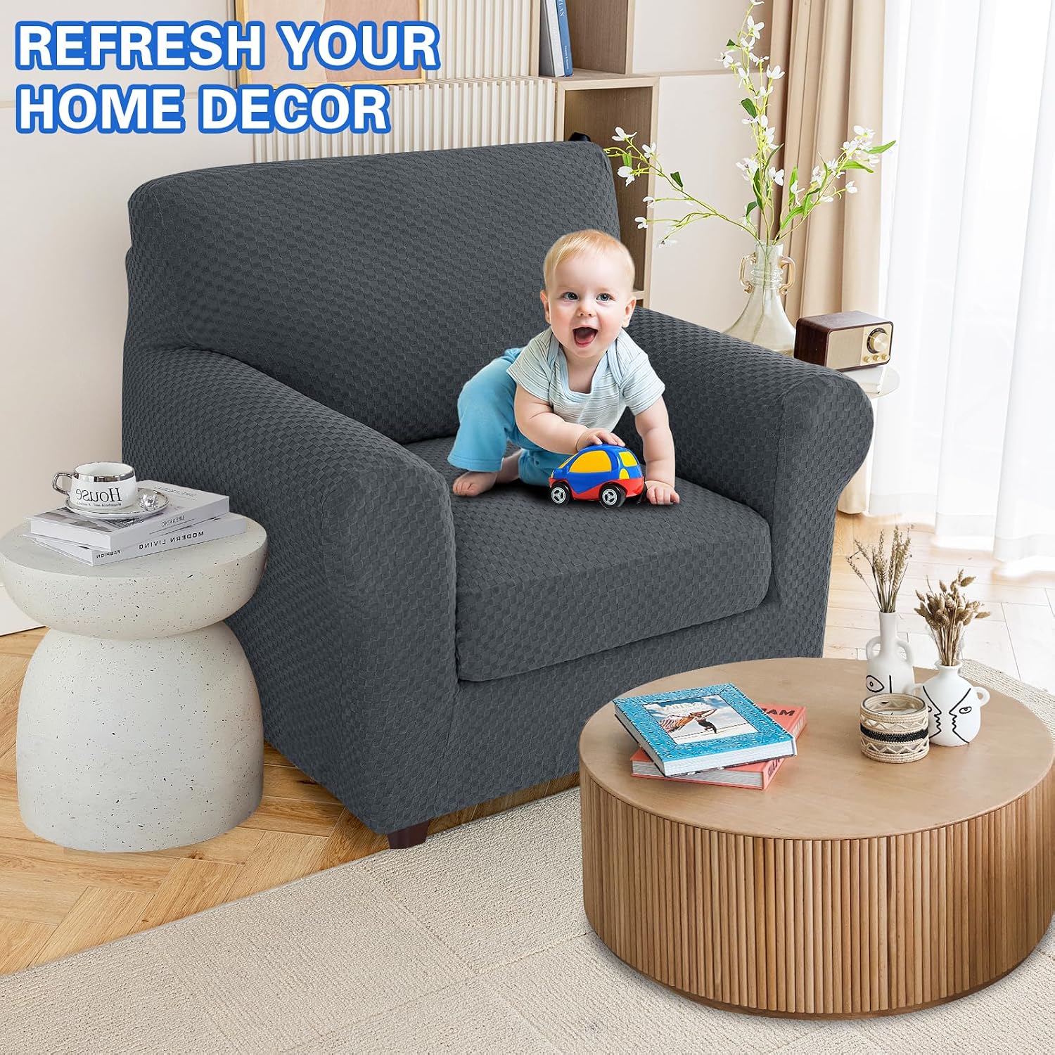 MAXIJIN Latest Recliner Slipcovers for Living Room 4 Pieces Stretch Jacquard Recliner Chair Cover Soft Fitted Recliner Protector with Elastic Bottom