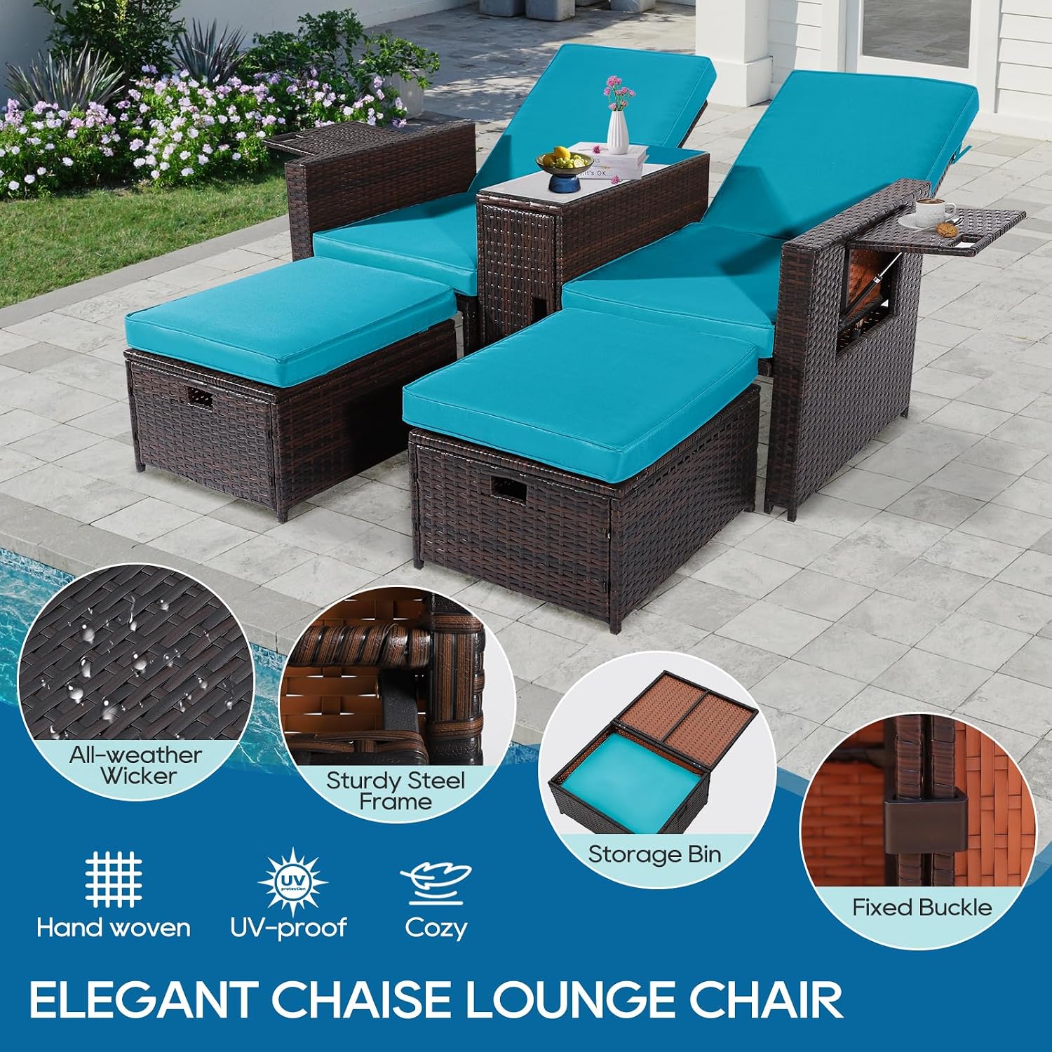 5PCS Outdoor Wicker Chaise Lounge Chair - Rattan Adjustable Reclining Patio Lounge Chair with Ottoman and Coffee Table