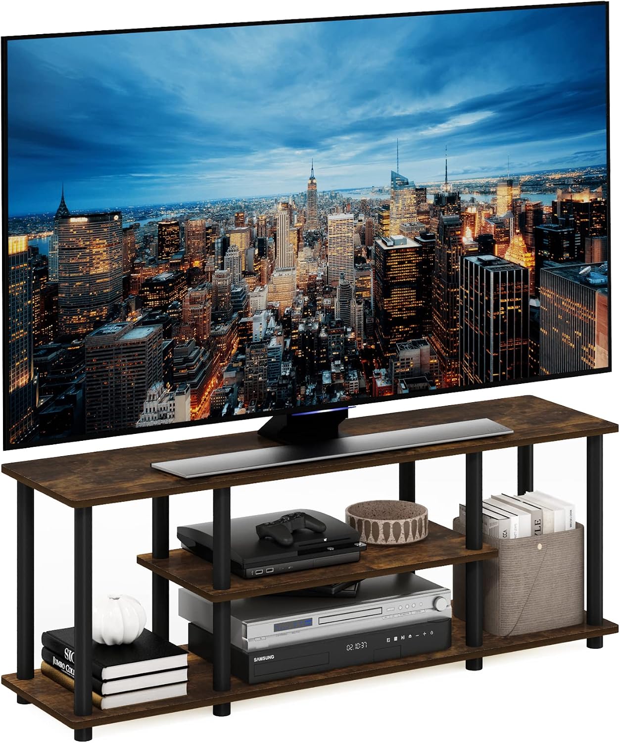 Furinno Turn-N-Tube No Tools 3D 3-Tier Entertainment TV Stand up to 50 inch TV, Round Tubes, French Oak Grey/Black | for TV up to 50 Inch, Open Frame Rectangular Entertainment Center with Storage Shelf, TV Console, for Living Room, Bedroom