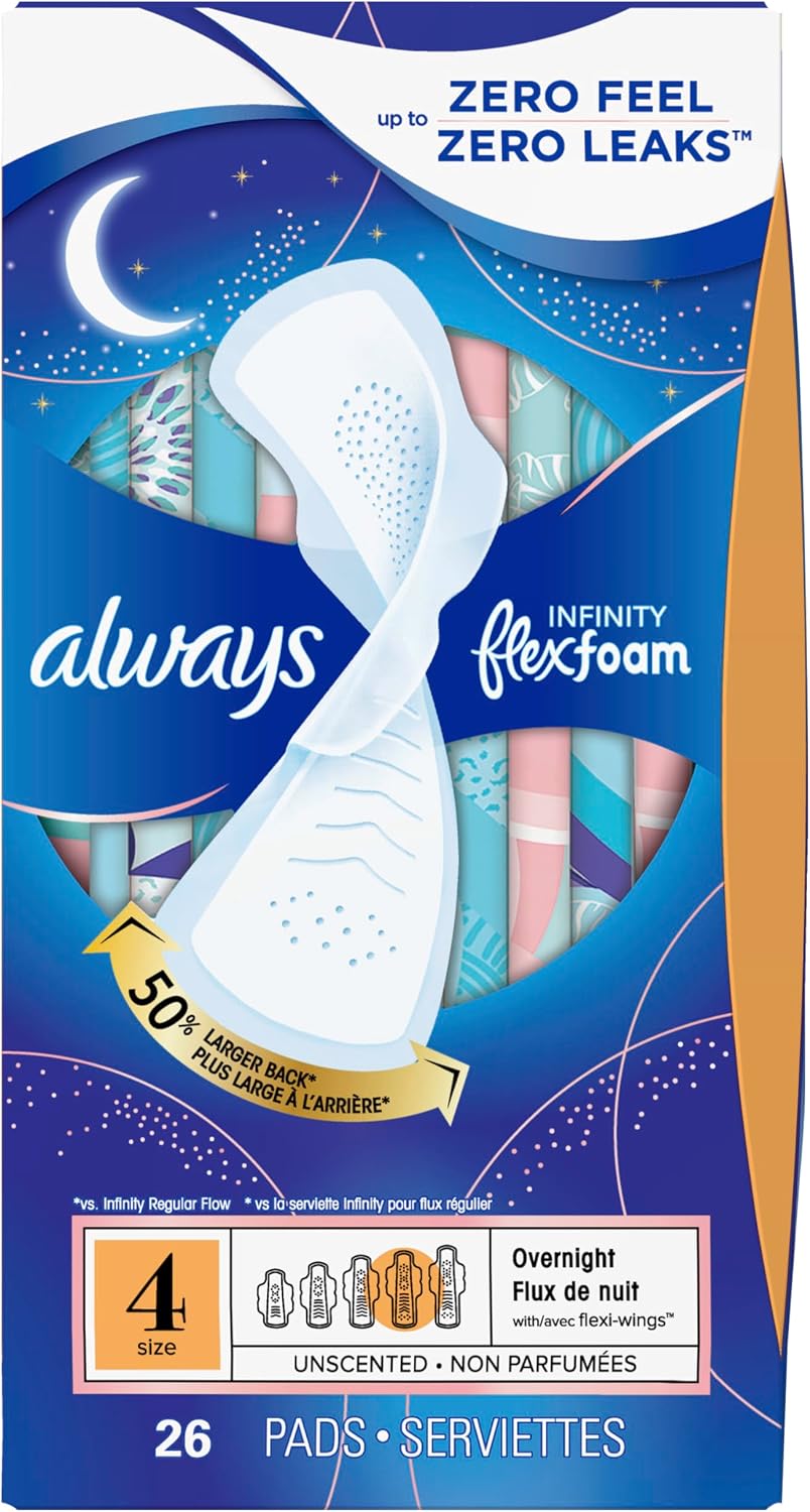 Always Infinity FlexFoam Pads for Women, Size 4, Overnight Absorbency, Unscented, 28 Count
