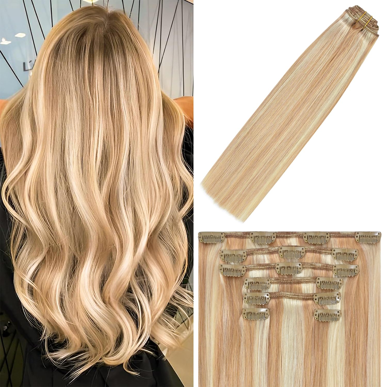WindTouch Clip In Hair Extensions Human Hair Mixed Bleach Blonde 18Inch 75g Hair Extensions for Women Remy Blonde Extensions Clip in #18p613 7PCS
